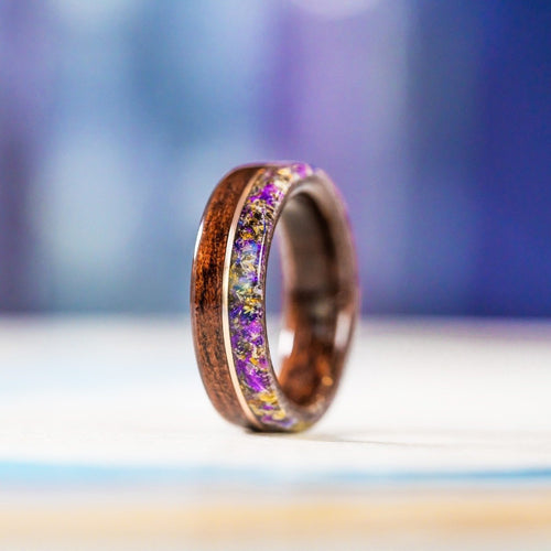 Women's Antique Walnut Wedding Band with Lavender Flowers and Center Gold Inlay