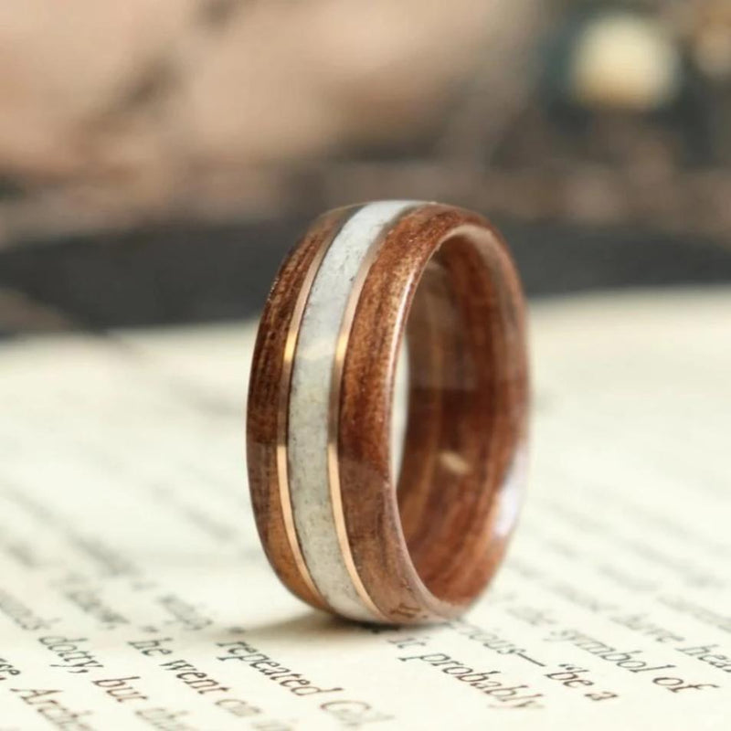 (In-Stock) Antique Walnut w/Elk and Double Rose Gold - Size 6.5/6 mm Wide