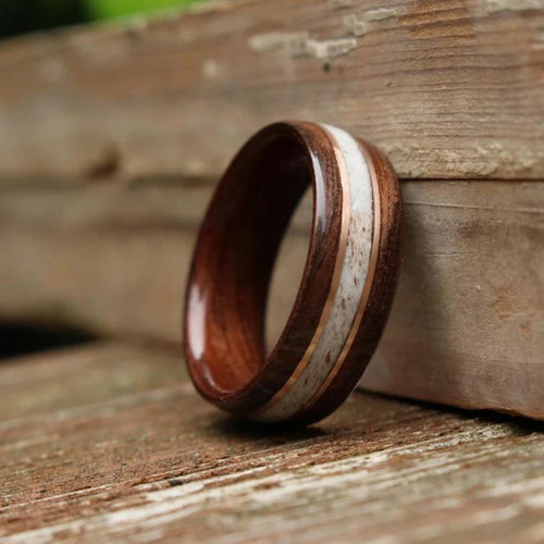 (In-Stock) Antique Walnut w/Elk and Double Rose Gold - Size 11/7 mm Wide