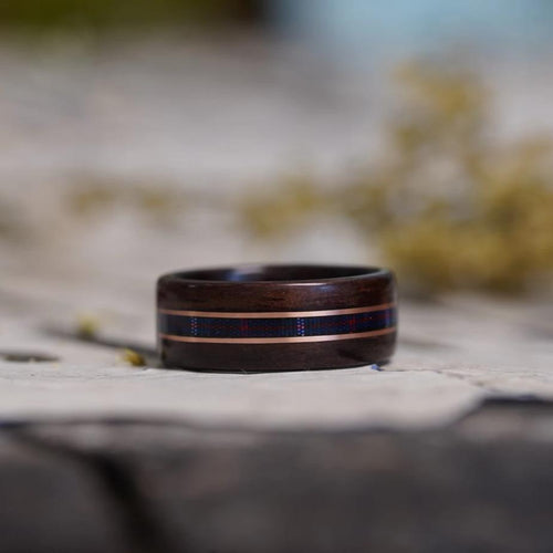 (In Stock)  Scots-Irish Tartan Ring - Rosewood with Scottish National Tartan & Dual Copper Inlays  Size 10/9mm