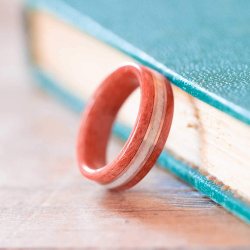 Women's Pink Ivory Wedding Band with Elk Antler and Dual Gold Inlay