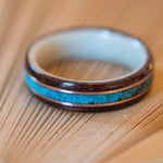 Women's Antique Walnut Wedding Band with Turquoise, Holly & Dual Gold