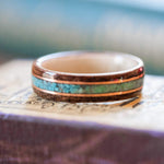 Women's Antique Walnut Wedding Band with Turquoise, Holly & Dual Gold