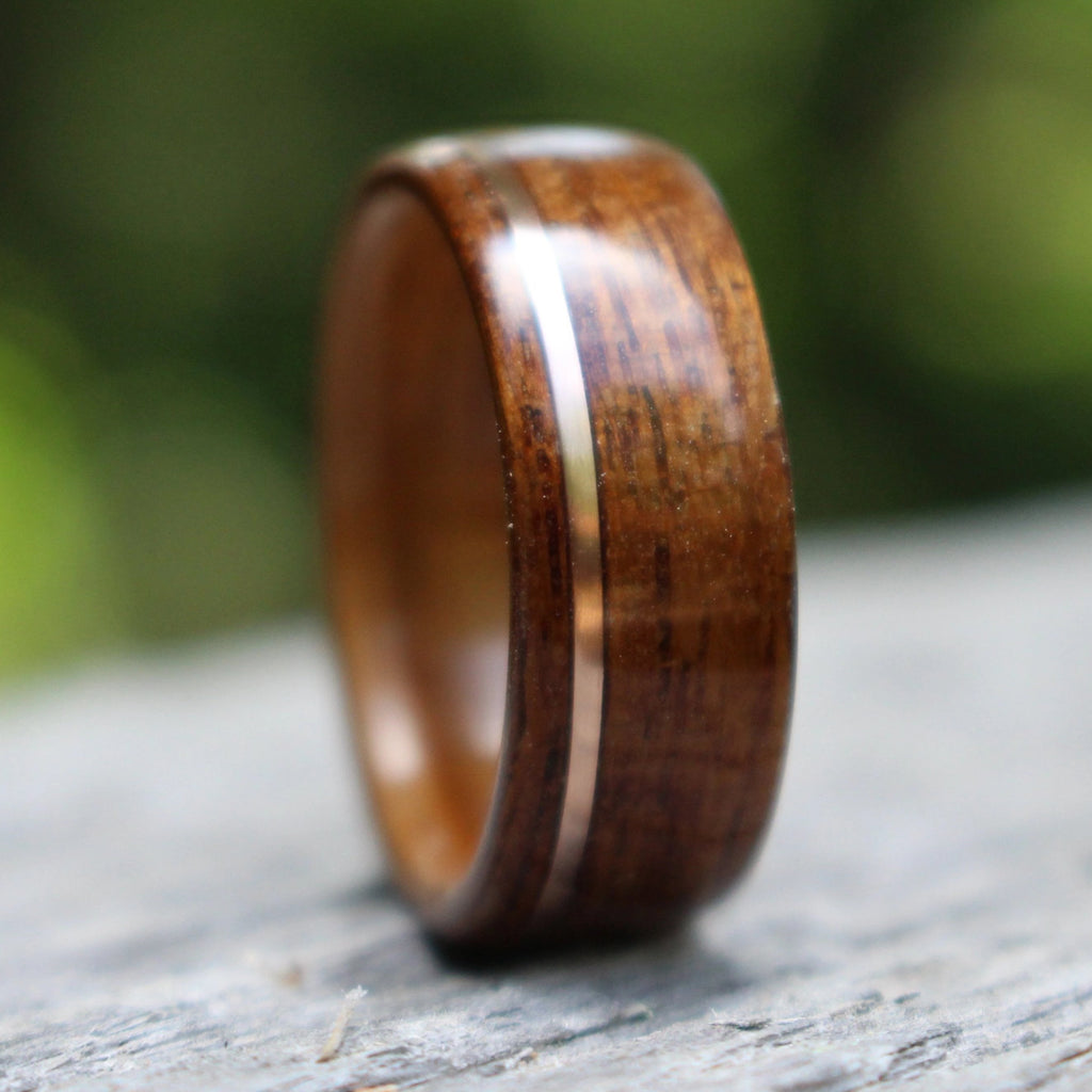 In-Stock Ring - (In-Stock) Teak & Whiskey - Jack Daniel's W/Offset Rose Gold Inlay - Size 11.5/ 6.5mm Wide
