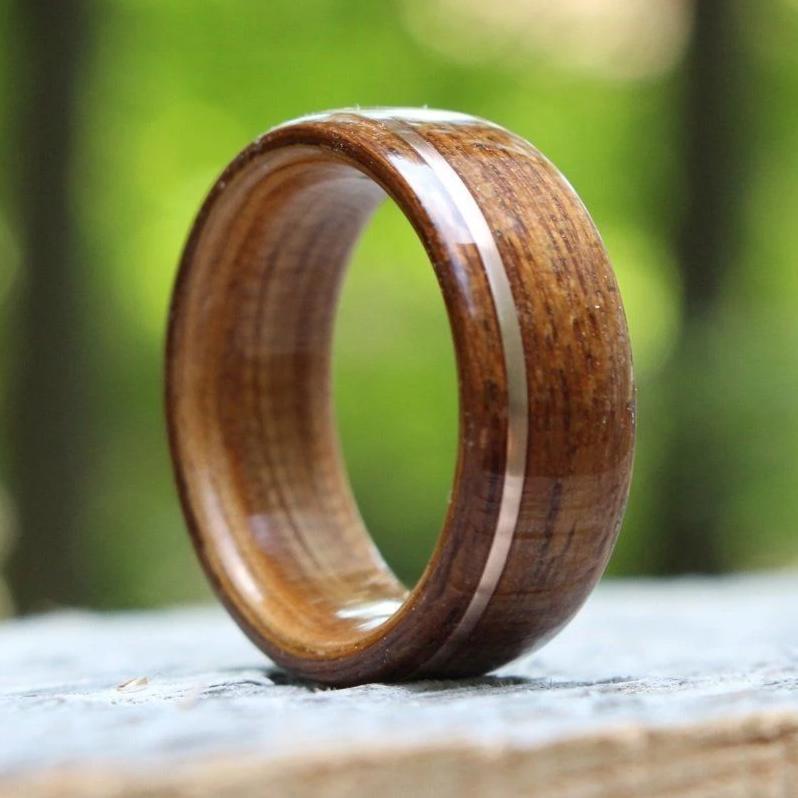 In-Stock Ring - (In-Stock) Teak & Whiskey - Jack Daniel's W/Offset Rose Gold Inlay - Size 12/9 Mm Wide