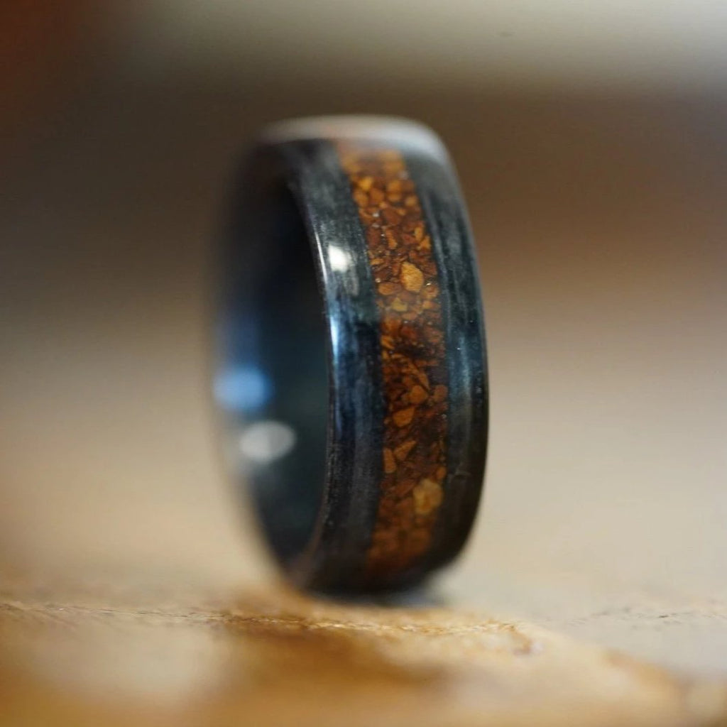 In-Stock Ring - (In-Stock)  Weathered Jack Daniel's W/ Coffee Inlay - Size 6.5/ 8mm Wide