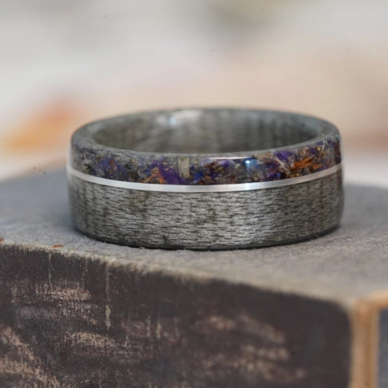 (In-Stock) Weathered Maple and Lavender w/ Offset Sterling Silver Inlay - Size 7/7mm Wide