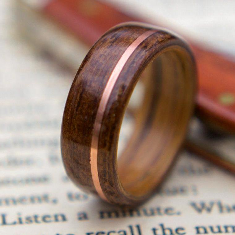 Rings - Historic Teak Wood Wedding Ring From The USS North Carolina With Whiskey Barrel And Copper Inlay