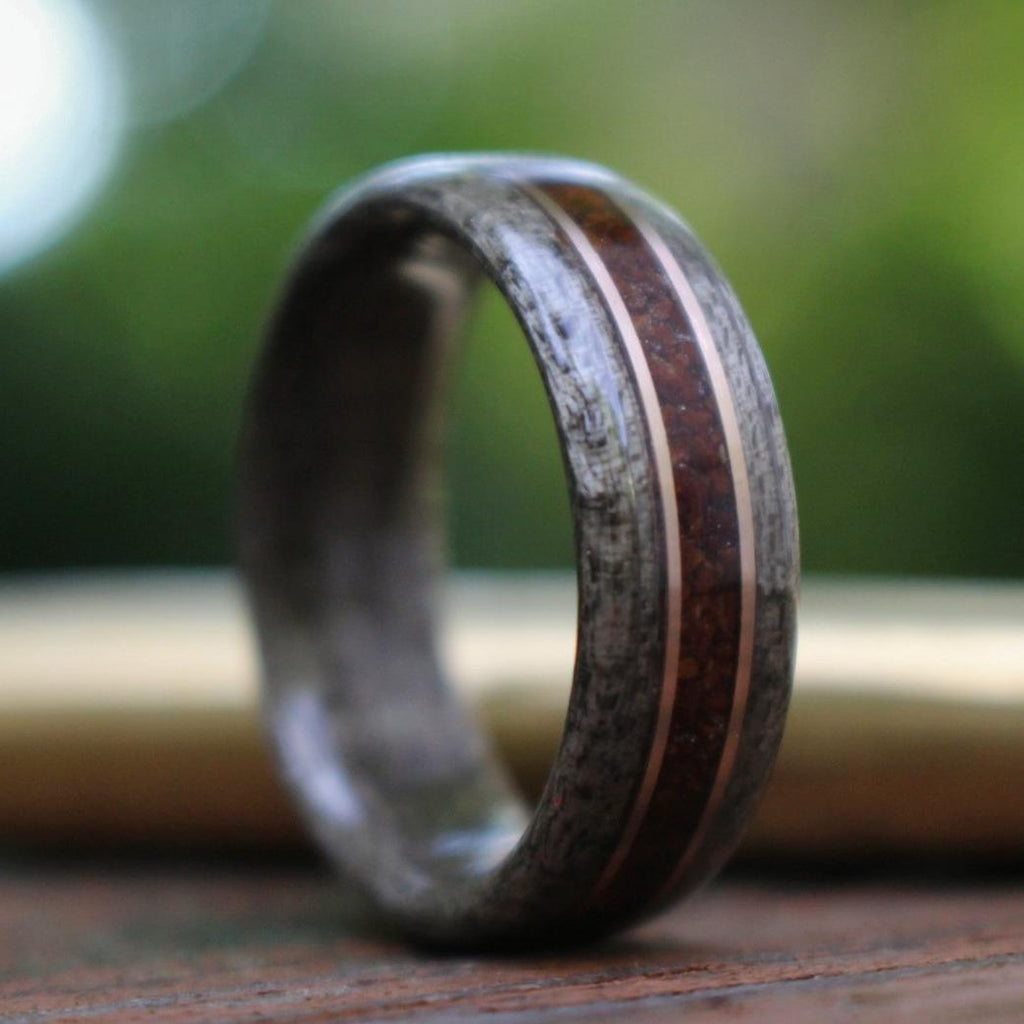 Rings - Weathered Maple Wood Wedding Ring With 1950s Coffee Inlay And Dual Bronze Inlays