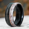 Rings - Weathered Whiskey Barrel Wood Wedding Ring With Elk Antler Edge And Offset Gold Inlay