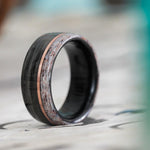 Rings - Weathered Whiskey Barrel Wood Wedding Ring With Elk Antler Edge And Offset Gold Inlay