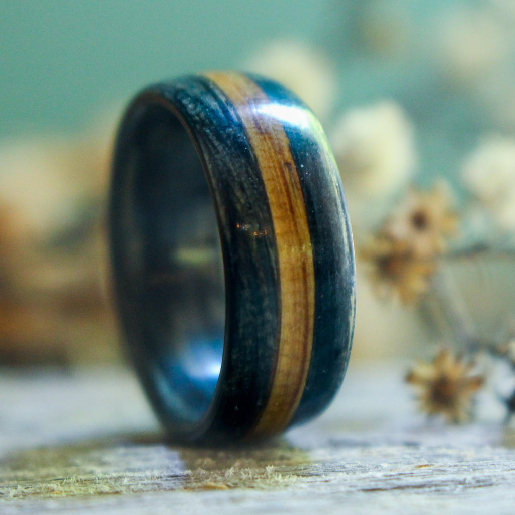 Rings - Weathered Whiskey Barrel Wood Wedding Ring With Natural Whiskey Inlay