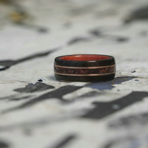 (In Stock) Rosewood & Pink Ivory w/Crushed Roses & Rose Gold Inlays  Size 6.5/5.5mm