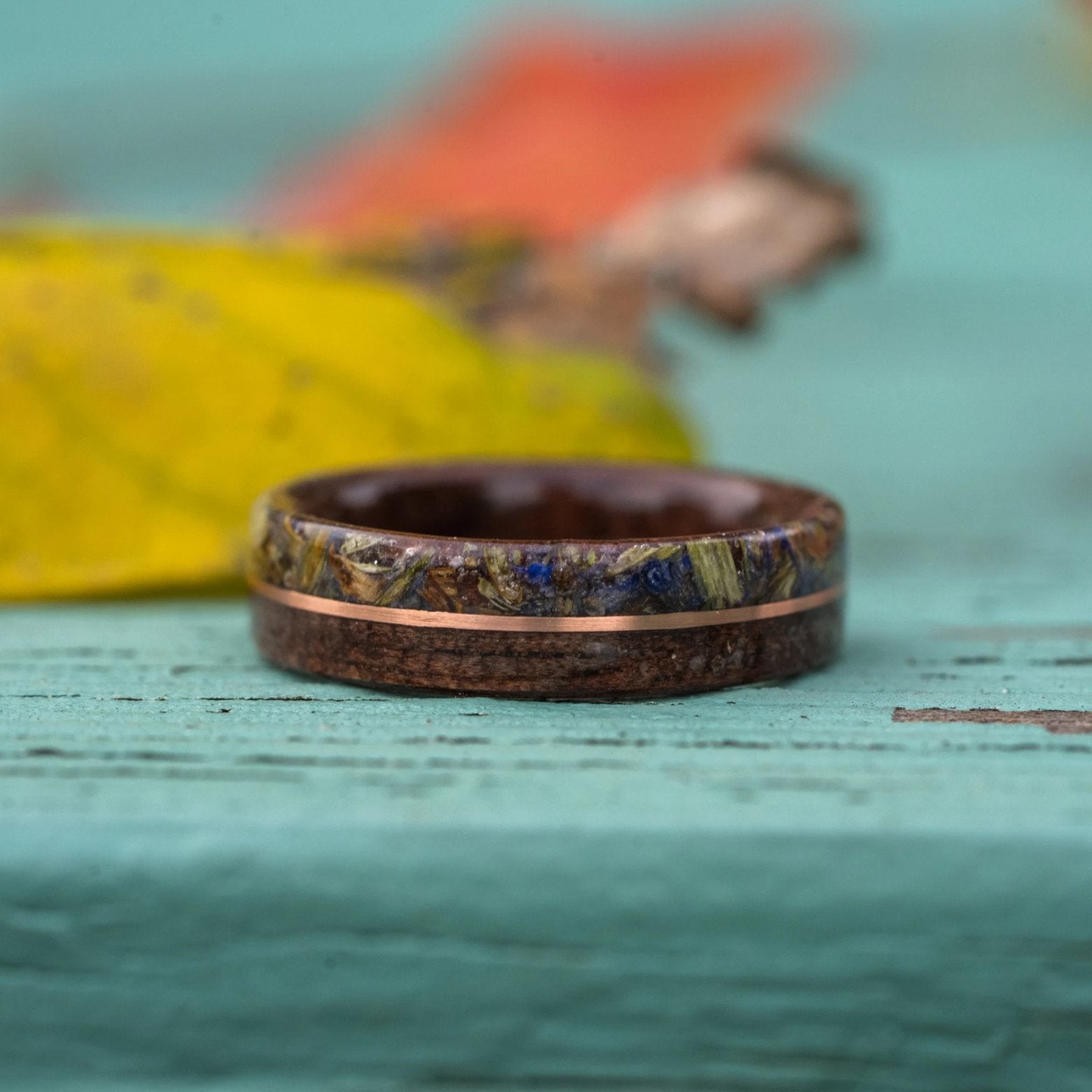 (In-Stock)  Antique Walnut with Lavender Flowers and Center Yellow Gold Inlay - Size 6.25/6mm Wide