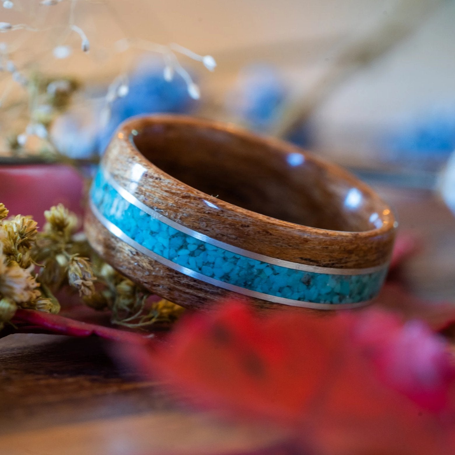 (In-Stock) Custom Arizona Mesquite & Turquoise w/ Dual Sterling Silver Inlays - Size 10.25/9 mm Wide