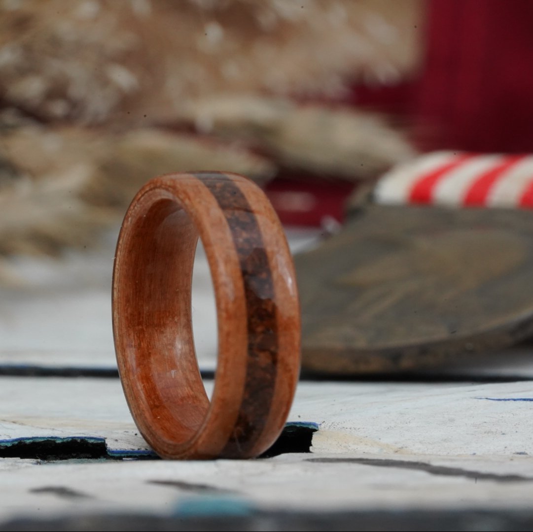 (In-Stock) Natural Black Cherry Wood Wedding Ring with 1950's Coffee Inlay Size 7.25/6.5mm