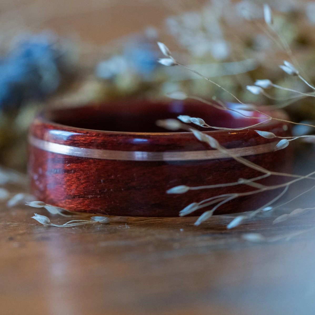 (In-Stock) Bloodwood with Offset Silver Inlay- Size 6.5/6 mm Wide