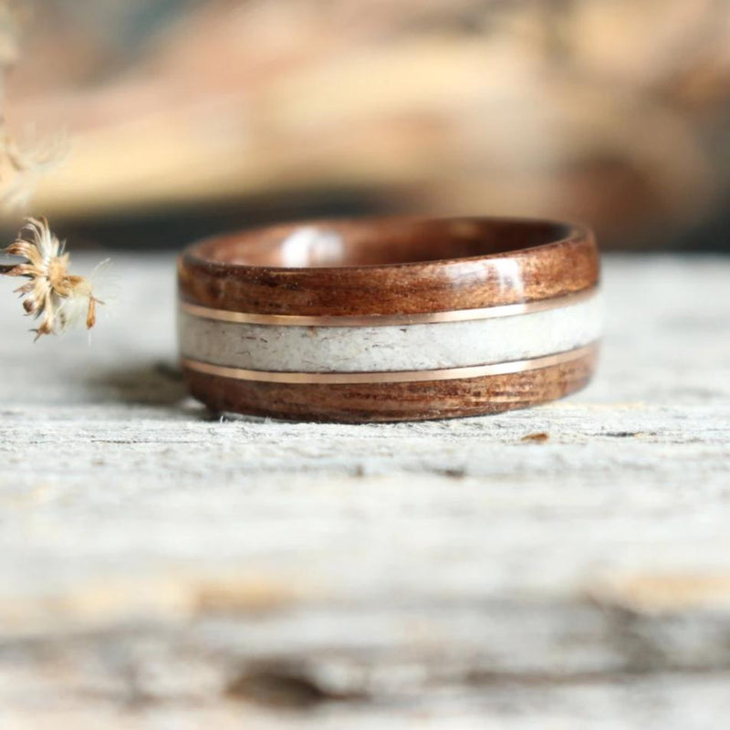 (In-Stock) Antique Walnut w/Elk and Double Rose Gold - Size 9.5/8 mm Wide