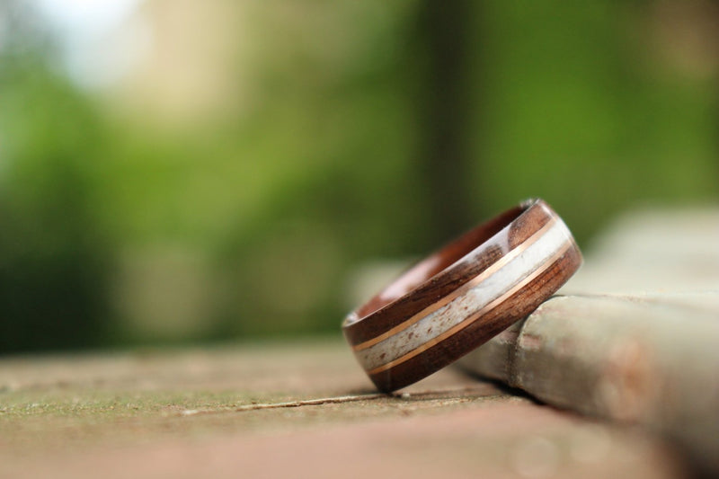 (In-Stock) Antique Walnut w/Elk and Double Rose Gold - Size 9.5/8 mm Wide