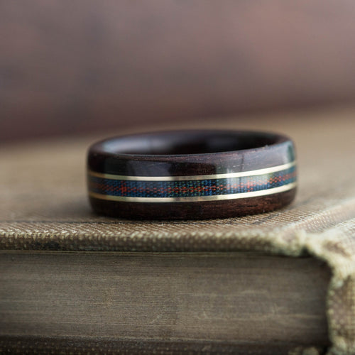 (In Stock) Scots-Irish Tartan Ring -  Rosewood with Scottish Tartan & Dual Yellow Gold Inlays  Size 9.5/9mm