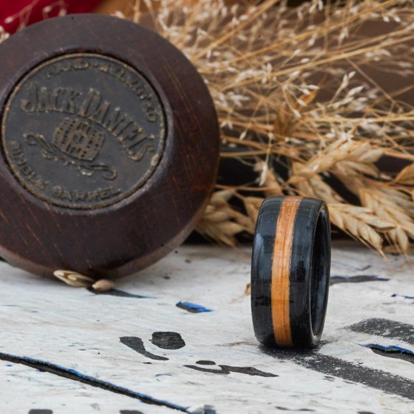 Weathered Whiskey Barrel Wood Wedding Ring with Natural Whiskey Inlay