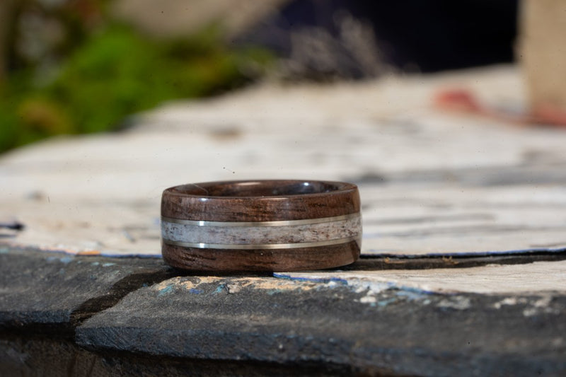 In-Stock) Antique Walnut w/Elk and Double Silver Inlay - Size 8.5/9mm Wide