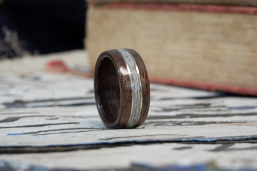 In-Stock) Antique Walnut w/Elk and Double Silver Inlay - Size 8.5/9mm Wide