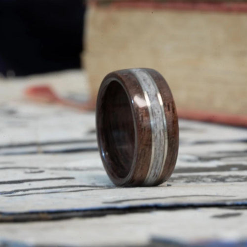 (In-Stock) Antique Walnut w/Elk and Double Silver Inlay - Size 8.5/9mm Wide