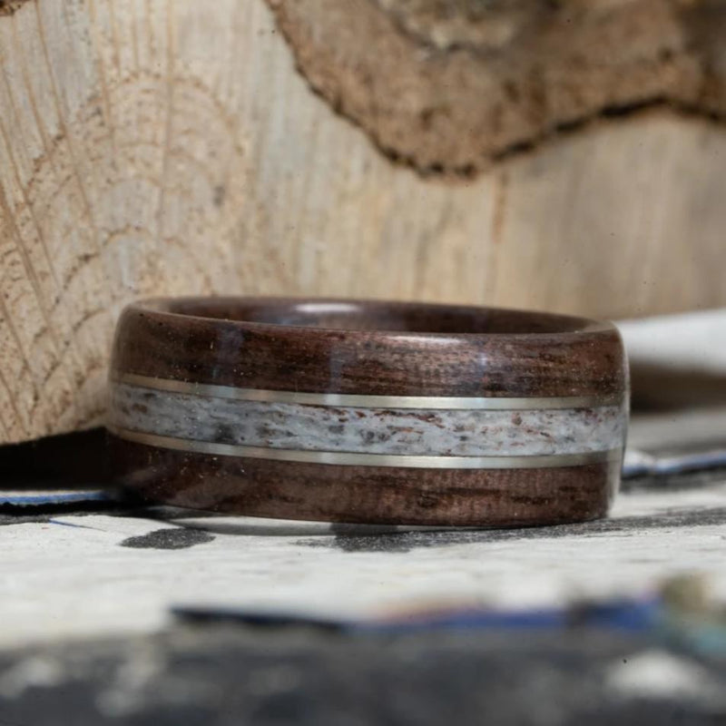 (In-Stock) Antique Walnut w/Elk and White Gold Inlays - Size 9.5/9mm Wide