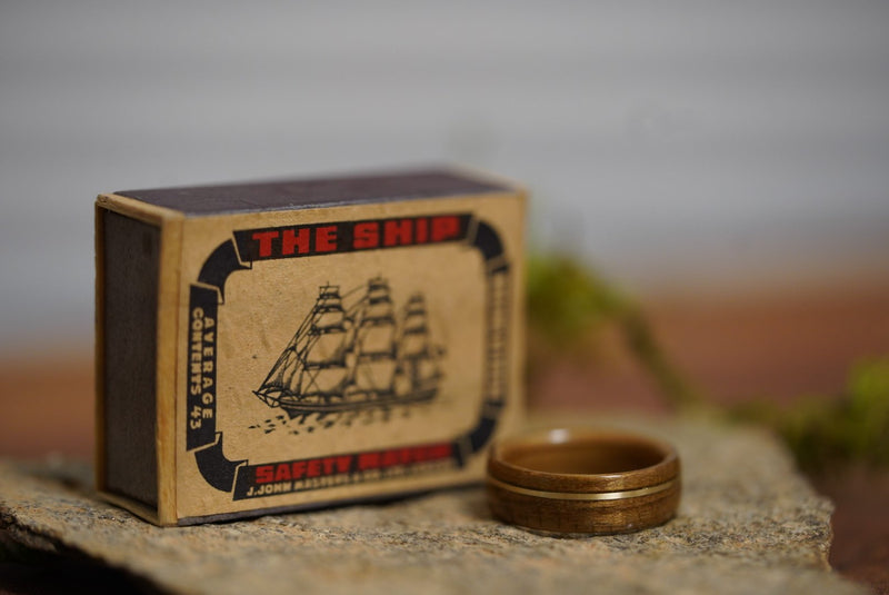 (In-Stock) USS North Carolina Teak & Whiskey - Jack Daniel's w/Offset Brass Inlay - Size 6.5/6 mm Wide