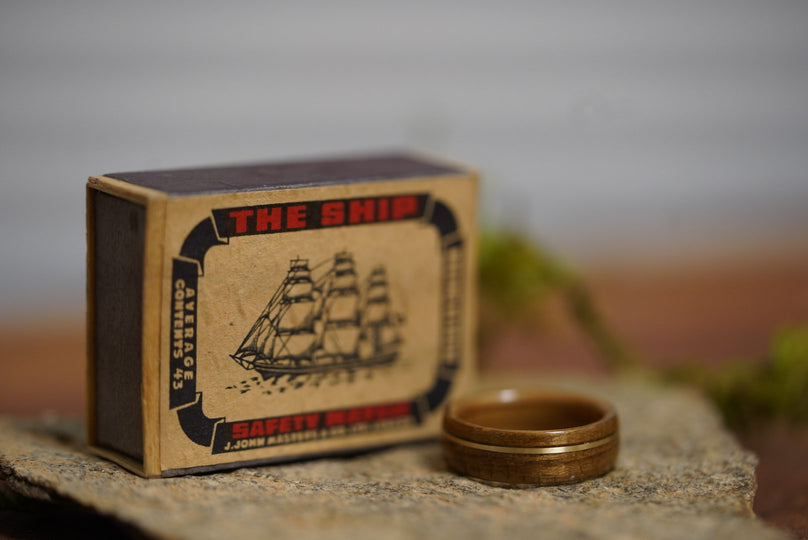 (In-Stock) USS North Carolina Teak & Whiskey - Jack Daniel's w/Offset Brass Inlay - Size 6.5/6 mm Wide