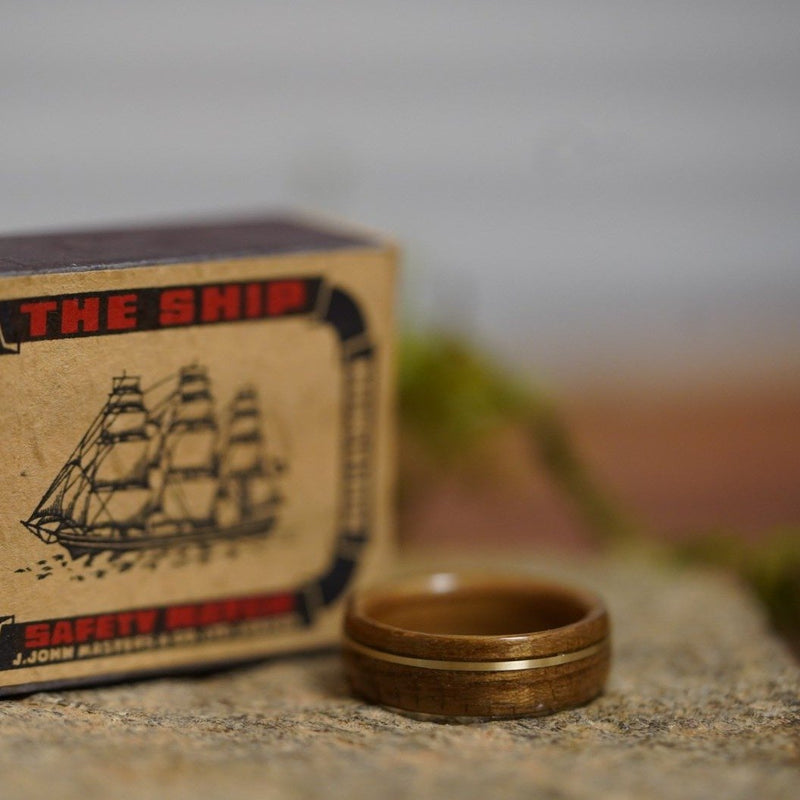 (In-Stock) USS North Carolina Teak & Whiskey - Makers Mark w/Offset Brass Inlay - Size 9.25/7 mm Wide