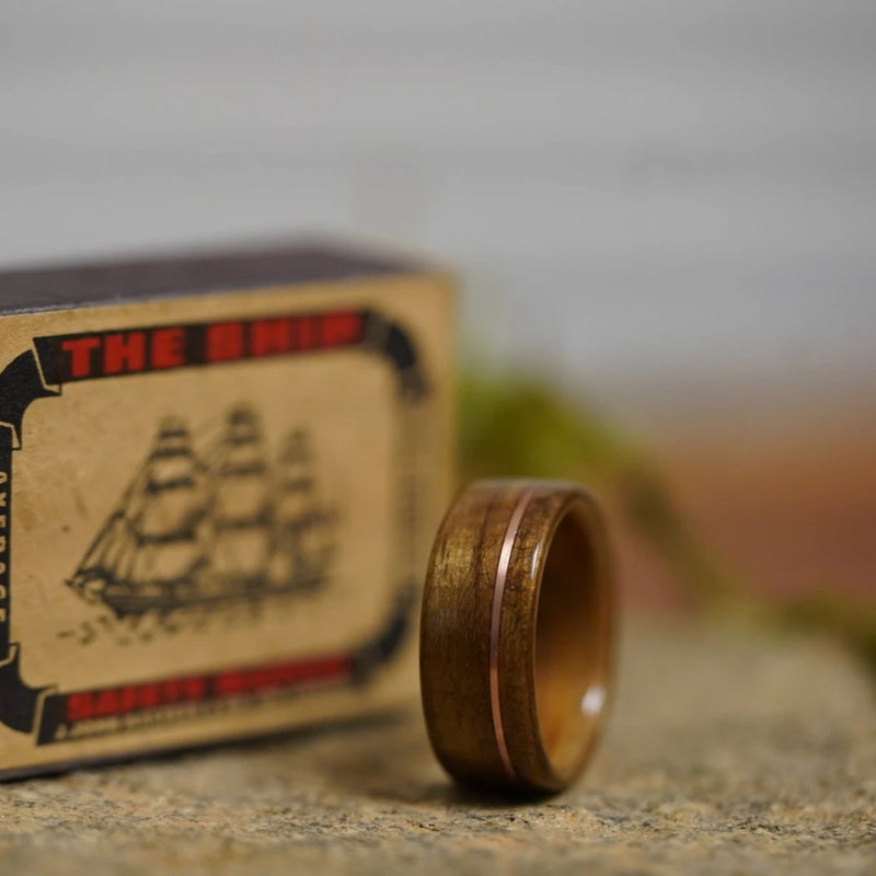 (In-Stock) USS New Jersey Teak & Jack Daniel's w/Offset Copper - Size 10.25/9mm Wide