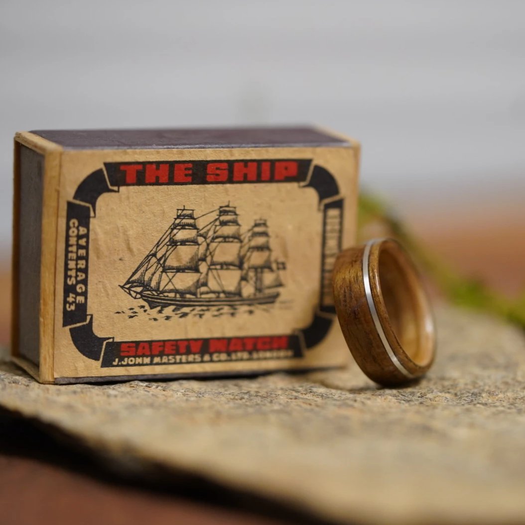 (In-Stock) USS New Jersey Teak & Jack Daniel's w/Offset Silver - Size 8.25/8mm Wide