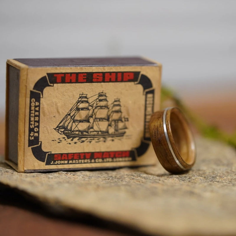 (In-Stock) USS New Jersey Teak & Jack Daniel's w/Offset Silver - Size 8.25/8mm Wide