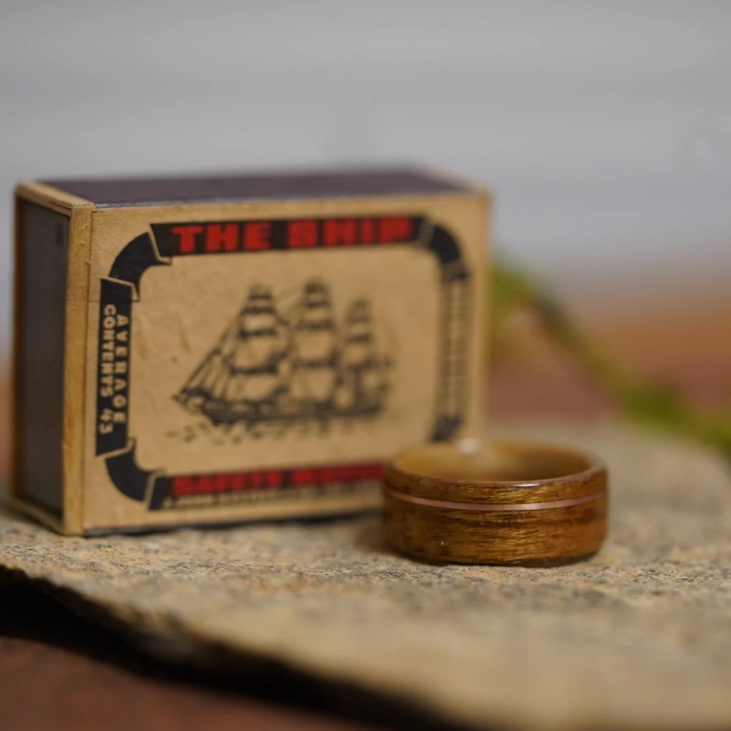 (In-Stock) USS New Jersey Teak & Jack Daniel's w/Offset Rose Gold - Size 9.5/9mm Wide
