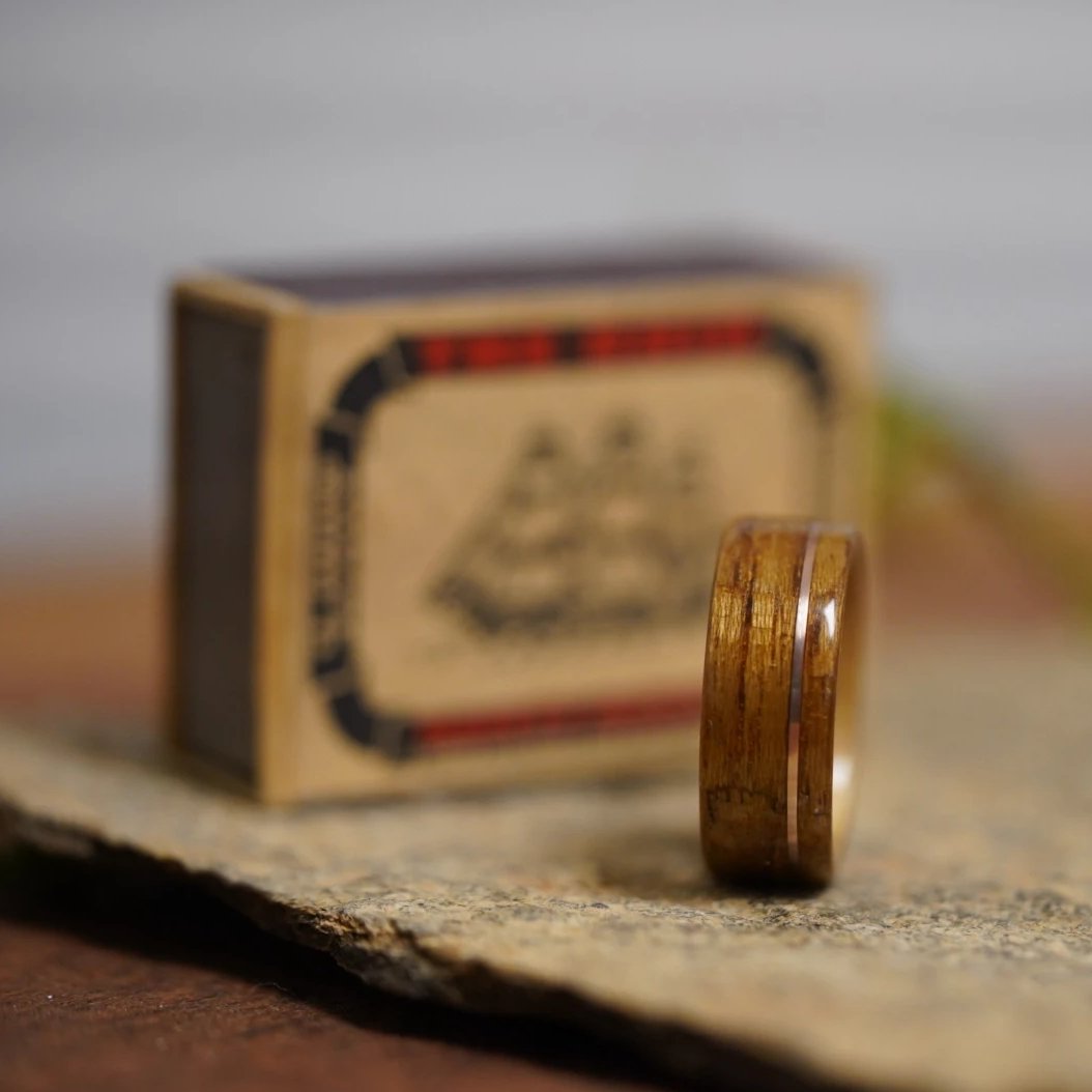 (In-Stock) USS New Jersey Teak & Jack Daniel's w/Offset Rose Gold - Size 9.5/9mm Wide