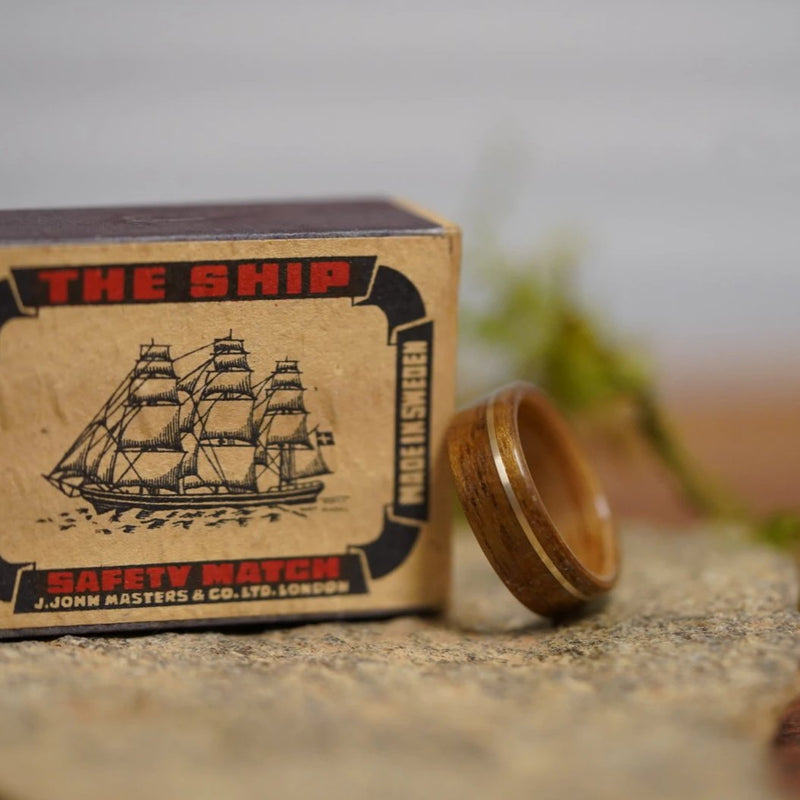 (In-Stock) USS New Jersey Teak & Wild Turkey w/Offset Yellow Gold - Size 9/8mm Wide