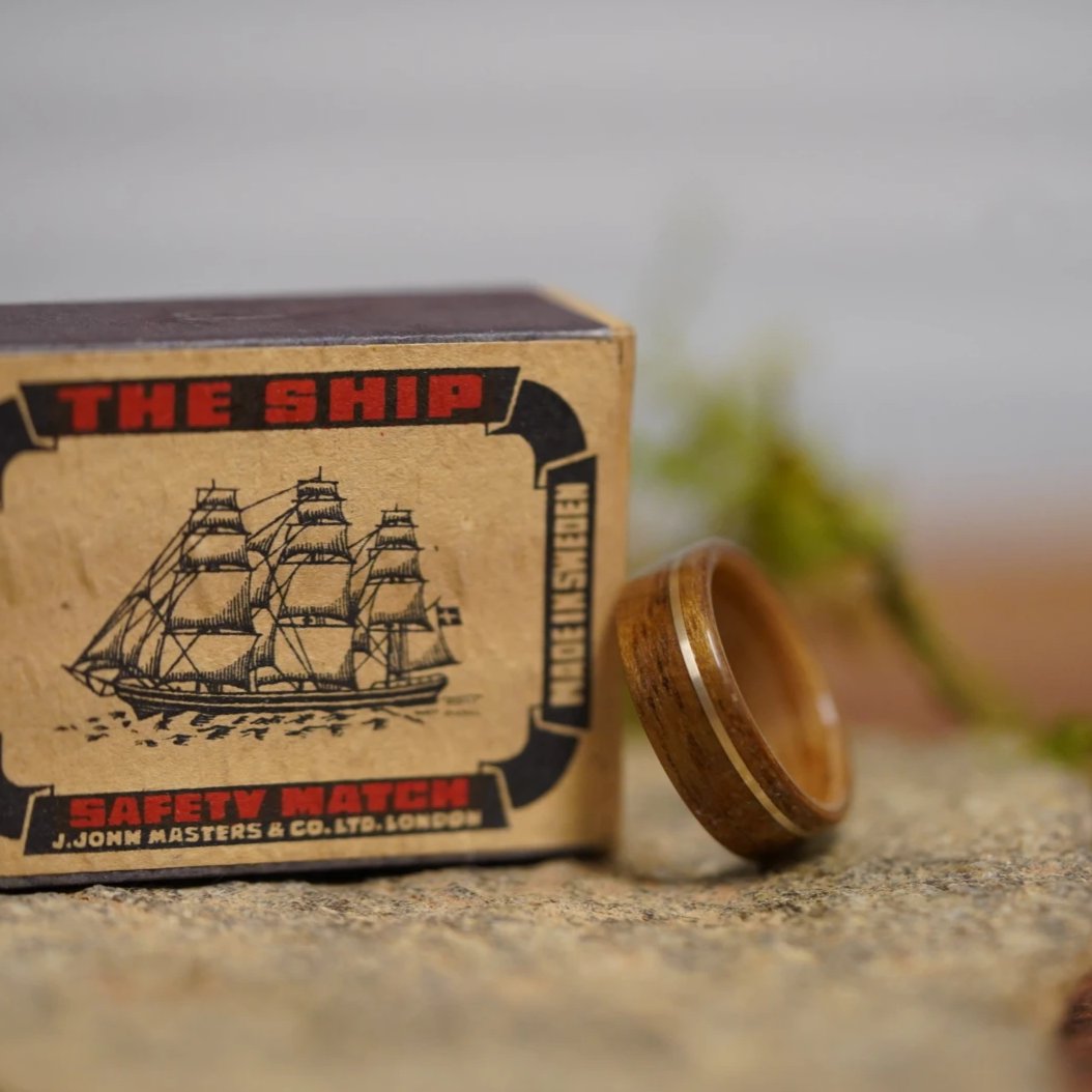 (In-Stock) USS New Jersey Teak & Woodford Reserve w/Offset Yellow Gold - Size 6.5/7mm Wide