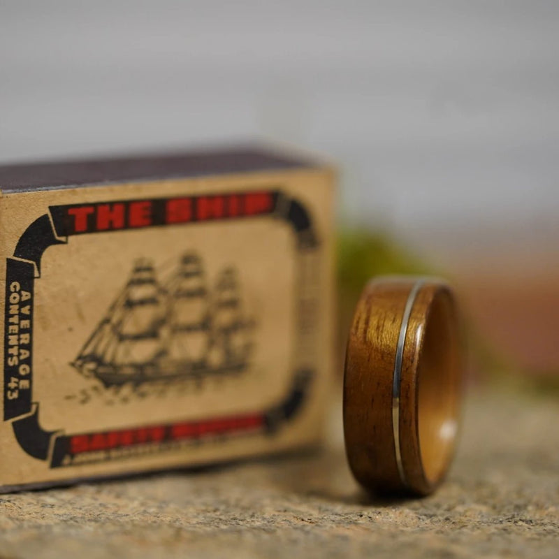 (In-Stock) USS New Jersey Teak &  Maker's Mark w/Offset White Gold Inlay - Size 11.5/ 9mm Wide