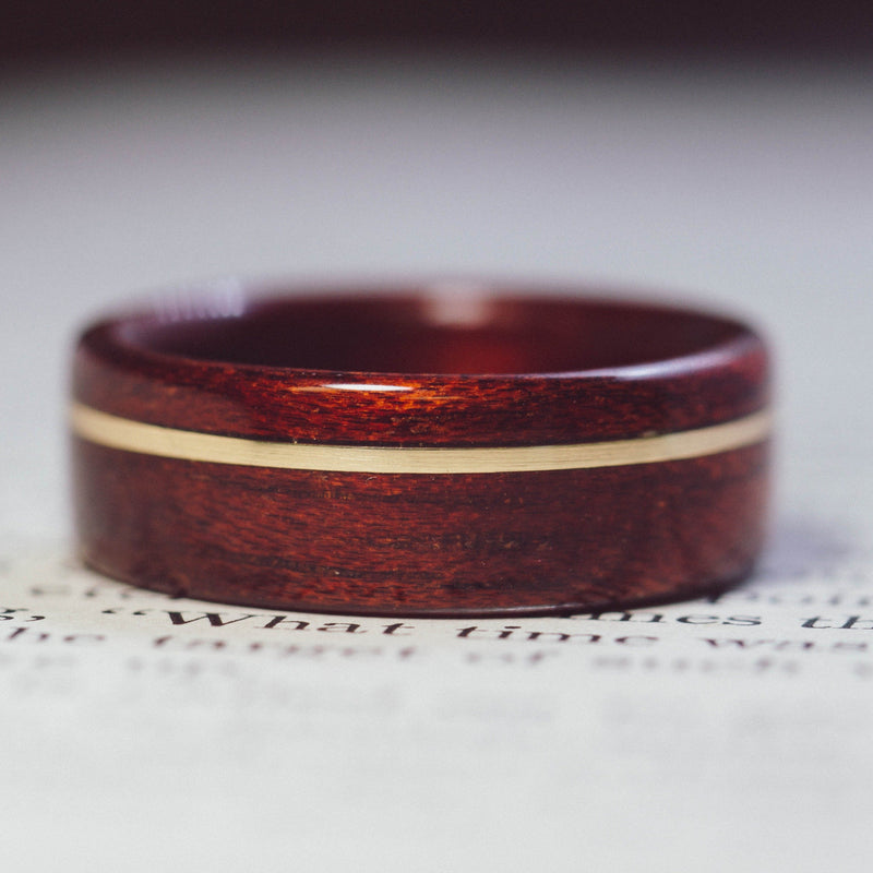 (In-Stock) Bloodwood wtih Offset Yellow Gold Inlay- Size 7/ 7mm Wide