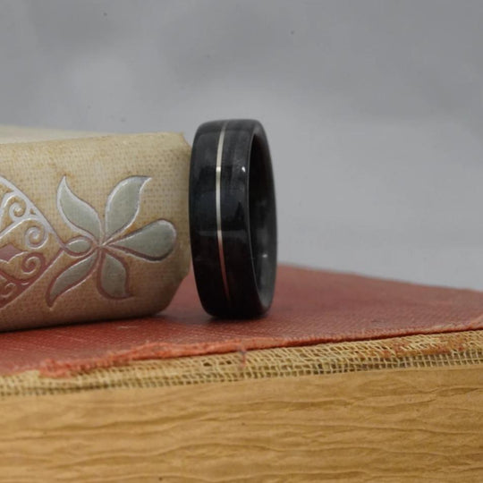 (In-Stock) Weathered Buffalo Trace Whiskey Barrel w/Centered Silver Inlay - Size 12/7 mm Wide
