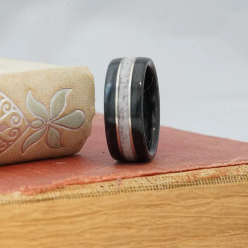 (In-Stock) Weathered Jack Daniel's & Elk w/Double Silver Inlay - Size 8.25/9 mm Wide