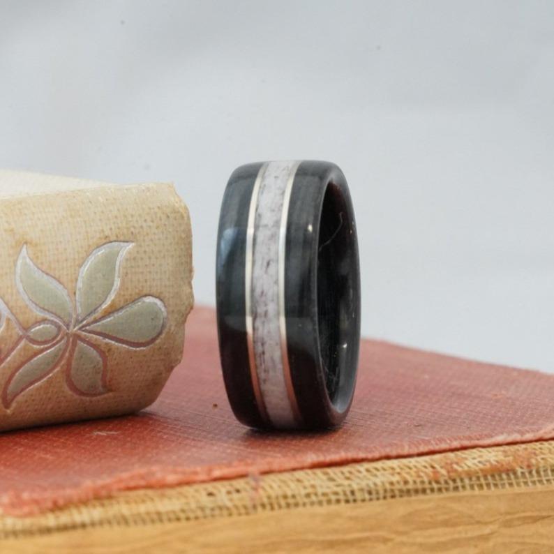 (In-Stock) Weathered Buffalo Trace & Elk w/Double White Gold - Size 9.5/7mm Wide