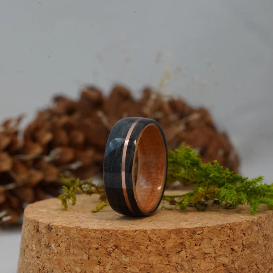 (In-Stock) Weathered Buffalo Trace Whiskey Barrel/Natural Black Cherry Liner w/Rose Gold Inlay - Size 8.75/8 mm Wide
