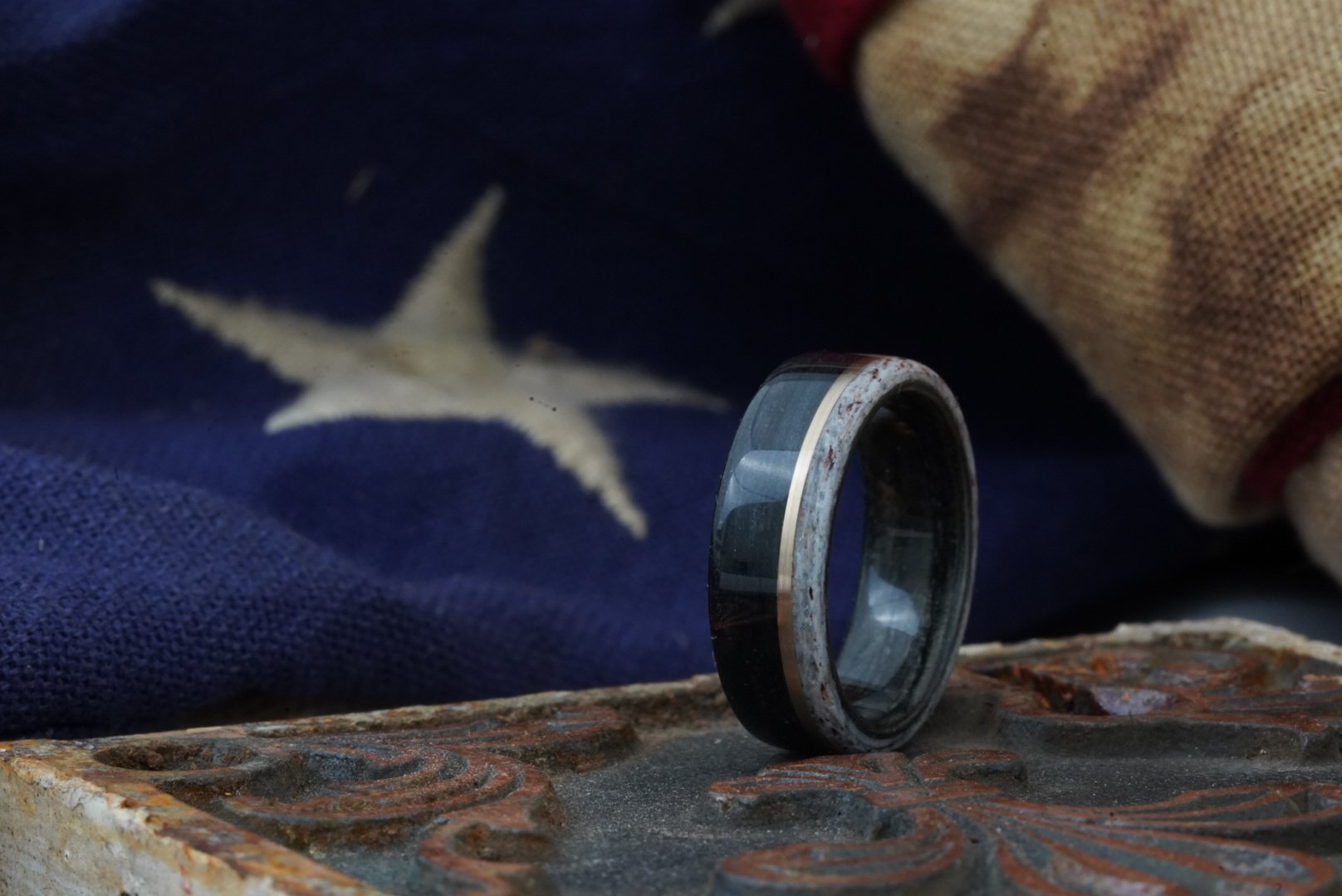 (In-Stock) Weathered Jack Daniel's Whiskey Barrel with Colorado Elk Antler Edge and Offset Bronze Inlay - Size 7 / 7mm Wide