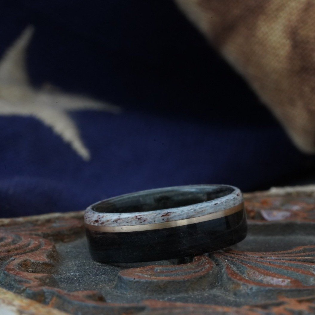 (In-Stock) Weathered Buffalo Trace Whiskey Barrel with Colorado Elk Antler Edge and Offset Brass Inlay - Size 8.25 / 9mm Wide