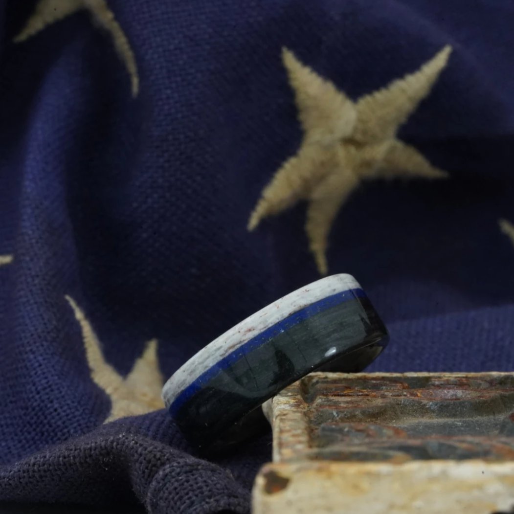 (In-Stock) Custom Weathered Blanton's Whiskey Barrel with Police Uniform Inlay and Colorado Elk Antler Edge  Size 13 / 9mm Wide