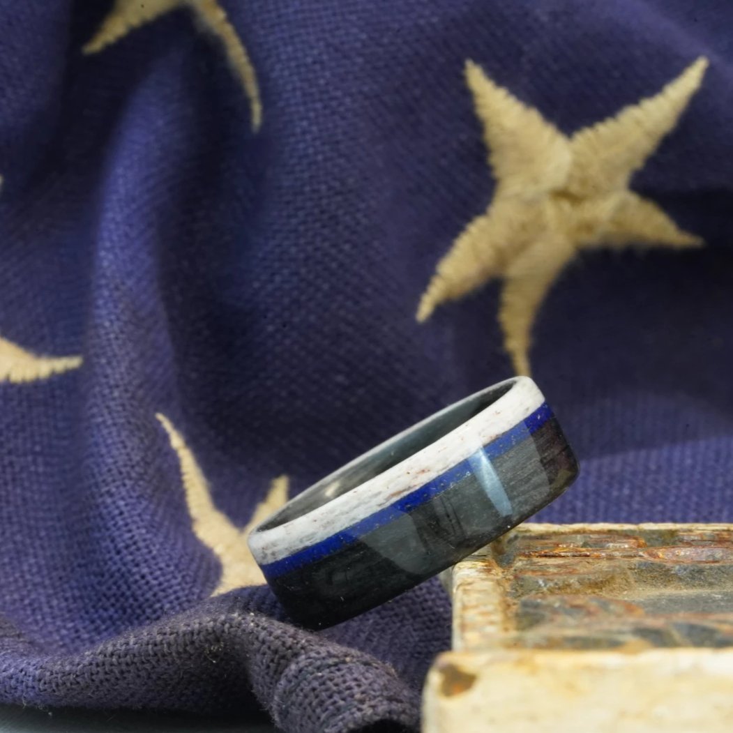 (In-Stock) Custom Weathered Blanton's Whiskey Barrel with Police Uniform Inlay and Colorado Elk Antler Edge  Size 13 / 9mm Wide