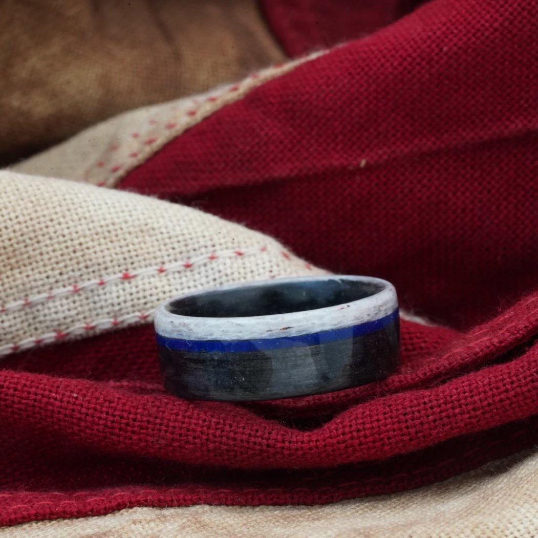 (In-Stock) Custom Weathered Blanton's Whiskey Barrel with Police Uniform Inlay and Colorado Elk Antler Edge  Size 13 / 9mm Wide